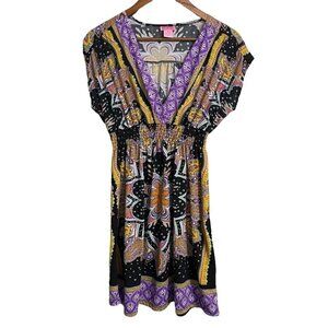 She's Cool Womens Black Purple Y2K  Paisley Smocked Vneck Mini Dress Medium